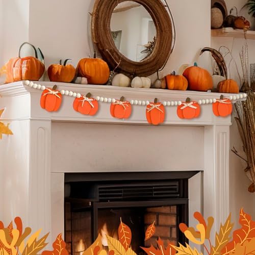 Geelin 8.2 ft Fall Pumpkin Wood Bead Garland Banner, Pumpkin Fall Hanging