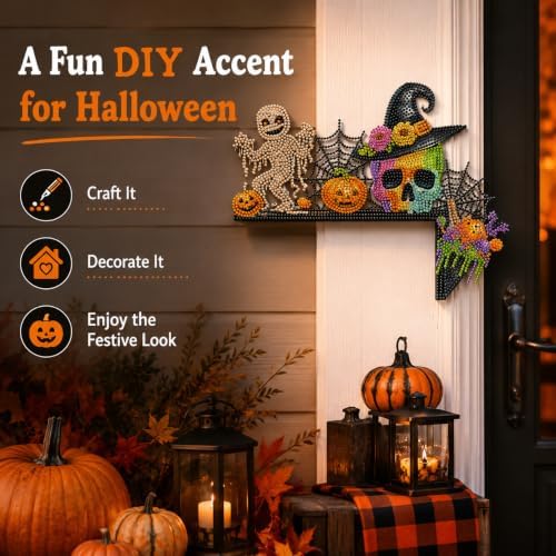 DIY Halloween Witch Pumpkin Diamond Art Wooden Door Corner Decoration, Halloween Frame Sign Kit, Creative Wall Art Mosaic Frame Sign for Home Decor & Gifts