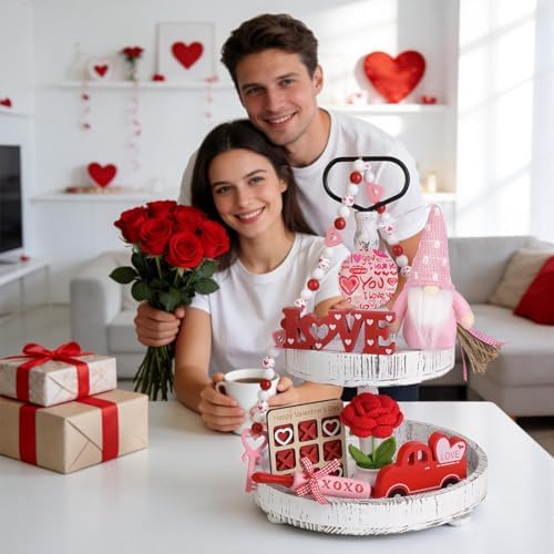 8 PCS Valentine's Day Tiered Tray Decor, Valentine Home Decor for Table,Wooden with LOVE and Car,Handmade Crochet Rose, XOXO Rolling Pin, Gnome, Farmhouse Fireplace Mantle Decor , Home Kitchen Decorations Valentines Day Gift Idea