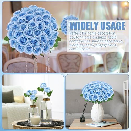 36 Pcs Sky Blue Artificial Roses with Long Stems