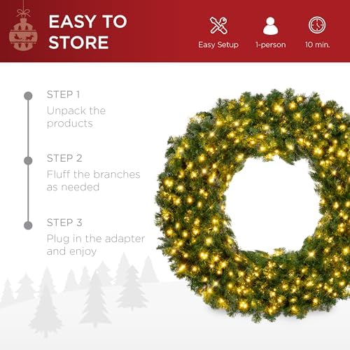 Best Choice Products 24in Large Artificial Pre-Lit Fir Christmas Wreath Holiday Accent Decoration w/ 50 LED Lights, 100 PVC Tips