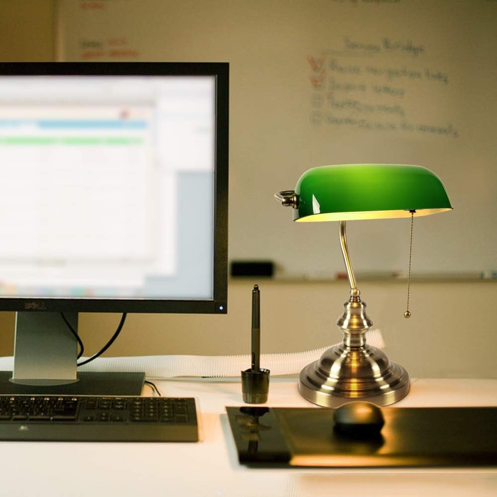 Green Glass Bankers Desk Lamp,Green Bankers Lamp with Brass Finish Base, Traditional Library Lamp with Pull Chain, E26