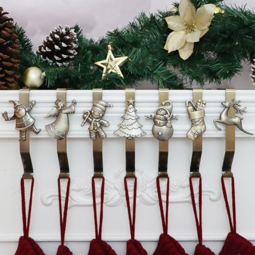 Christmas Stocking Holder for Mantle Set of 7, Reusable Christmas Stocking Hooks, No-Damage Xmas Hanger for Fireplace mantle Grip Stand Christmas Decoration Ornaments Hanging Bronze Shelf Floor