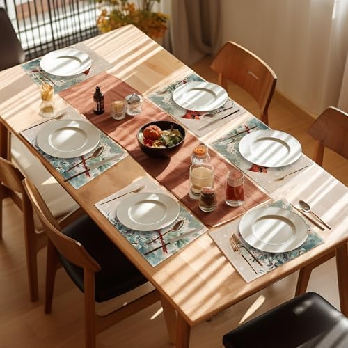 Christmas Cardinal Placemats Set of 6, Bird Place Mats Washable Heat Resistant 12×18 Inch Linen Table Mats for Christmas Dining Décor