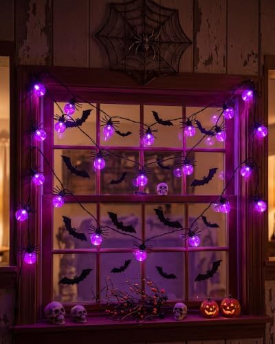 12FT Halloween Purple Spider String Lights, Plug-in 20 LED Decor