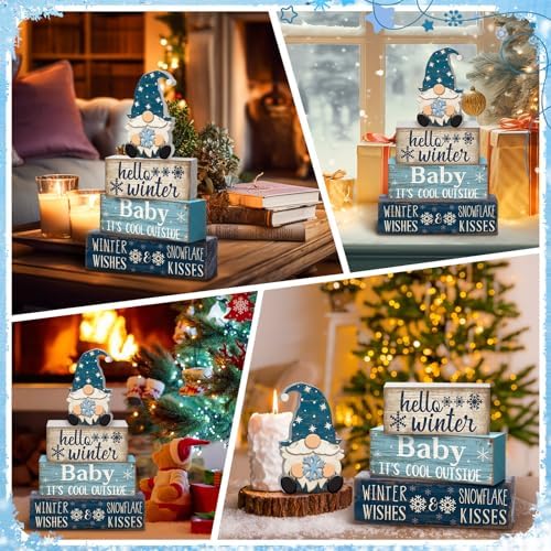 Moucuny 4 Pcs Winter Wood Block Signs Gnome Farmhouse Table Decoration