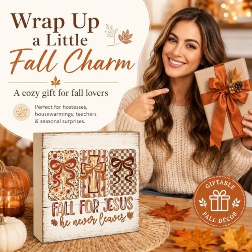 Fall For Jesus He Never Leaves Sign | Christian Triptych Bow Decor
