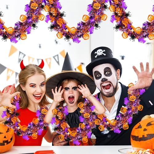 50FT Halloween Tinsel Garland with Orange Pumpkin Black Spider Purple Bat