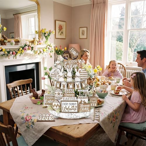 24 Pcs Easter Tiered Tray Decoration Set Easter Table Sign Farmhouse Bunny Eggs Rabbit Carrot Tabletop Centerpieces Spring Wood Blocks Signs for Spring Home Kitchen Office Holiday Party Supplies