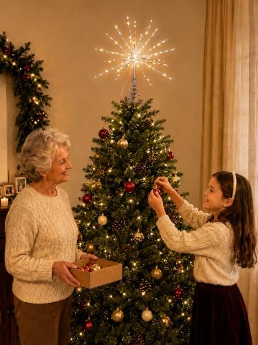 BrizLabs Silver Christmas Tree Topper Star, 14 in 8 Modes Lighted Starburst