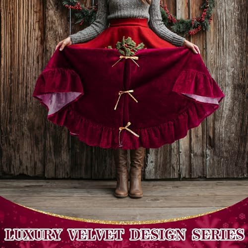 Velvet Christmas Tree Skirt, 60 Inches, Bow Style, Red