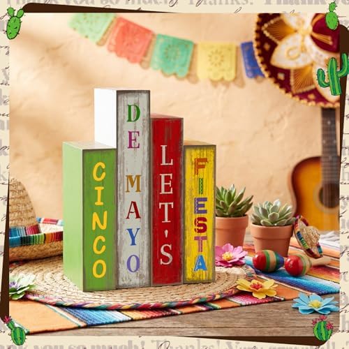 Lineshading 4 Pcs Cinco De Mayotable Decor Wooden Books Stack Mexican Sign