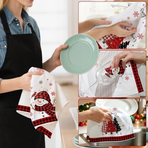 Hexagram Christmas Kitchen Towels, Red Plaid Snowman Christmas Decorations
