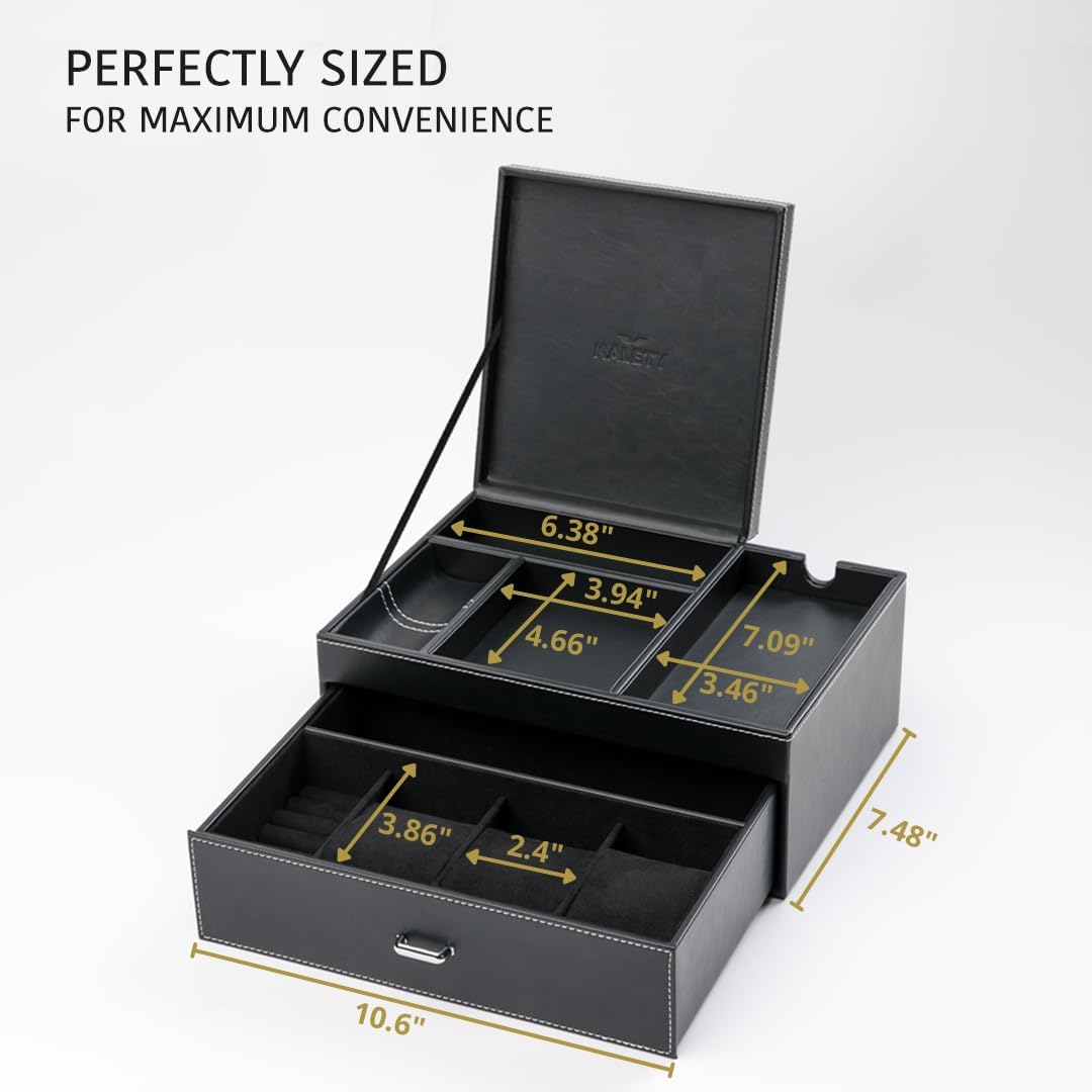 Mens Jewelry Box Organizer & Dresser Valet Tray - Premium Nightstand Station for Watches, Rings, and Accessories