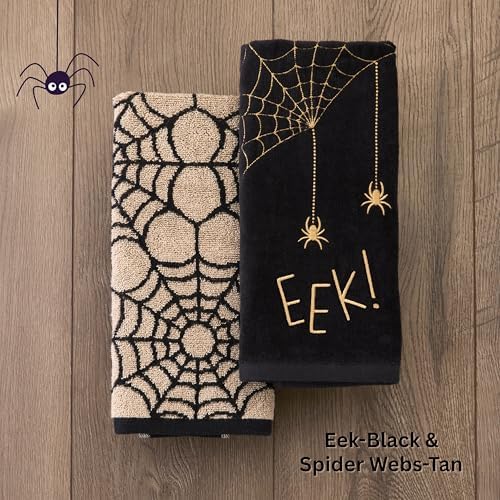 SKL Home Halloween Spider Web Hand Towel Set-2pc, 100% Cotton, Tan/Black