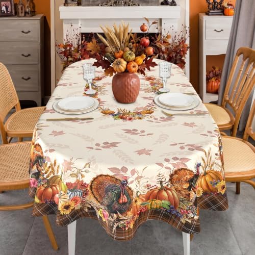 Thanksgiving Tablecloth Oval 60 x 102 Inch, Stain Resistant Machine Washable Fabric Polyester Turkey Harvest Table Cloth Oval Thanksgiving Tablecloth Table Cover for Kitchen Dining Party