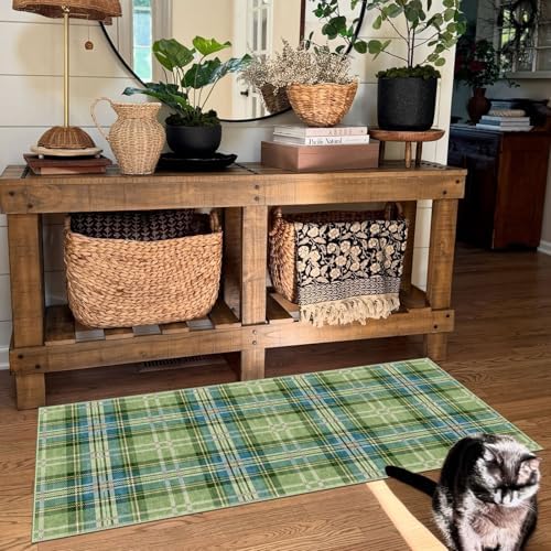 Front Door Mat Indoor Entrance - 2x4.3 Green Teal Tartan Plaid Rug