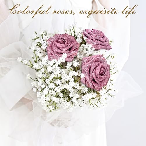 BLEUM CADE 16Pcs Artificial Flowers Glitter Roses with Stems for Wedding