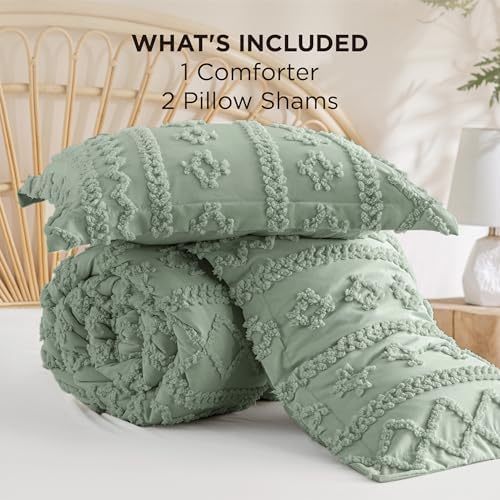 Bedsure Tufted Boho Comforter Set California King - Sage Green Boho Bed Set, GentleSoft™ 3 Pieces Farmhouse-Style