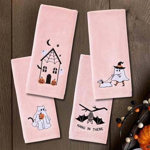 SKL Home Halloween Ghost Cat Hand Towel Set-2pc, 100% Cotton, Pink