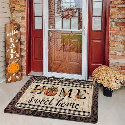ORTIGIA Fall Pumpkin Doormat Home Sweet Home Indoor Outdoor Patio Autumn Welcome Door Mats Thanksgiving Non-Slip Durable Entrance Mat for Home Entrance Outside Entry Yard Floor Patio 17x36 INCH