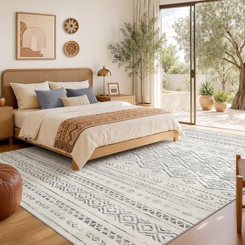Nakagishi Area Rug Living Room Rugs: 8x10 Large Soft Machine Washable Boho Moroccan FarmNeutral Stain Resistant Indoor