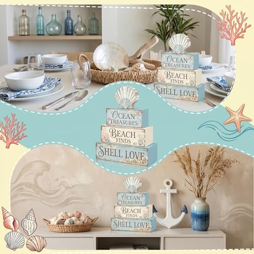 Britimes Tiered Tray Decor Set, 4 Pack, Wooden Table Sign, Seahorse Coastal