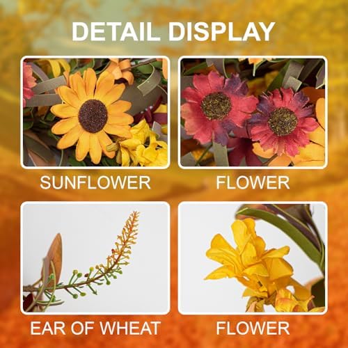 J'FLORU 28 Inch Artificial Fall Wreath Large Fall Wreaths for Front Door Autumn Wreath with Daisy and Lavender Berry Fall Leaves for Wall Fireplace Farmhouse Thanksgiving Day Harvest Festival Decor