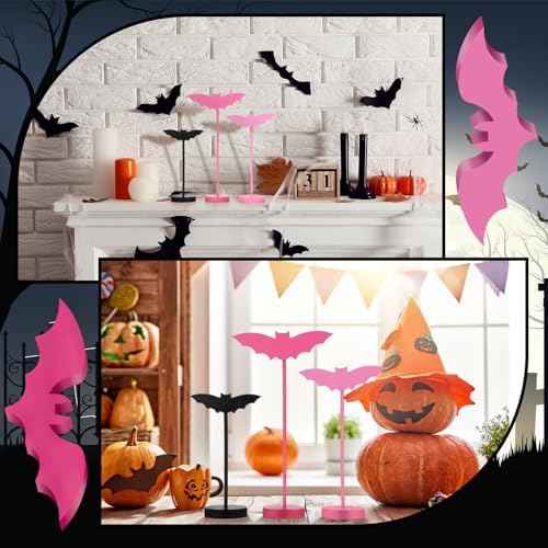 Geetery 6 Pieces Halloween Table Decorations Wood Bat Decor, Pink
