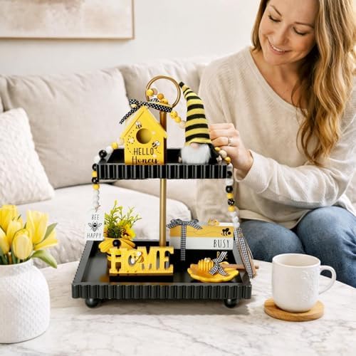 Spring Decorations for Home 8 Pcs Summer Bumble Bee Tiered Tray Decor Set