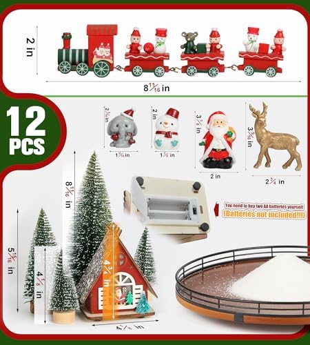 AMH 12-Piece Christmas Village Table Decor Set with Oak Rotating Base