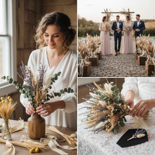 500PCS Dried Pampas Grass Bouquet ā Boho Dried Flowers for Vase, White & Brown Pampas, Bunny Tails, Eucalyptus, Wheat & Lavender ā Natural Floral Decor for Home, Wedding, Baby Shower &Photoshoot Props