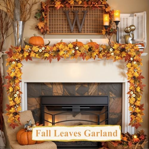 6 FT Lighted Fall Garland with Lights Pumpkins Automatic ON/Off