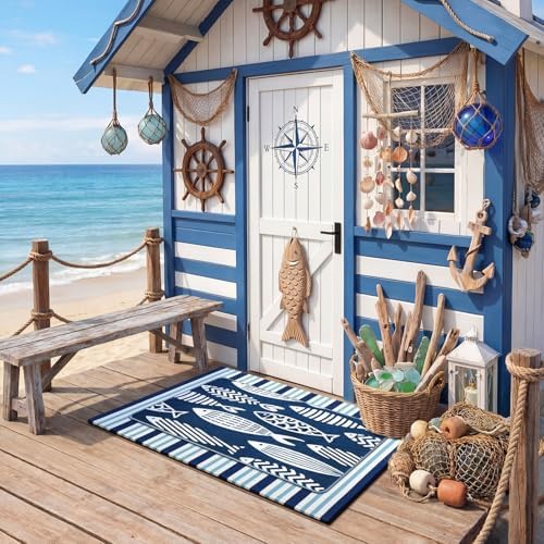 Tinideya 2 Pcs Coastal Fish Door Mat Outdoor Nautical Beach Welcome Mat