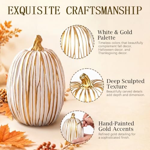 Fall Pumpkin Decor, 3 Pcs White and Gold Resin Pumpkin Decorations for Home