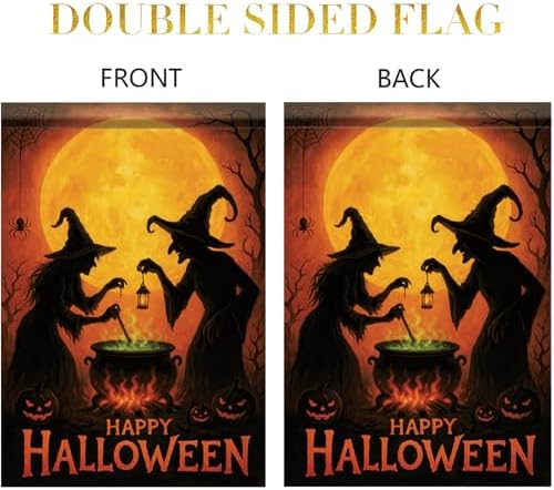 Happy Halloween Garden Flag Witches Cauldron Full Moon Flag 12x18 Inch Double Sided Outdoor Yard Banner for Trick or Treat Haunted House Halloween Decoration Decor