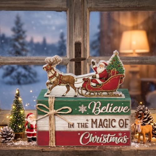 Geelin 4 Pcs Christmas Tiered Tray Decor Wooden Book Stack Signs, Believe in the Magic of Christmas Farmhouse Rustic Table Centerpiece for Shelf Coffee Bar Mantel, Home Decorations Gifts