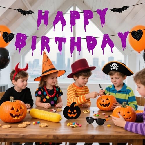 Happy Birthday Halloween Banner NO DIY Glitter Halloween Birthday Party Decorations for Home Office Wall Mantle Scary Party Decorations (Purple)