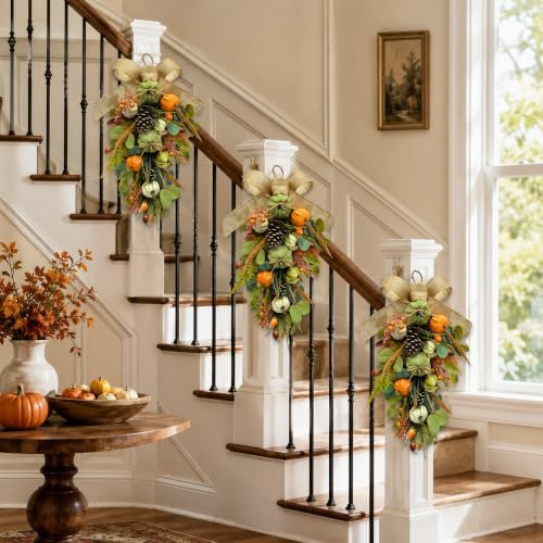 Svndlyn 25 Inch Fall Teardrop Swag with Burlap Bow, Pumpkins and Pinecones