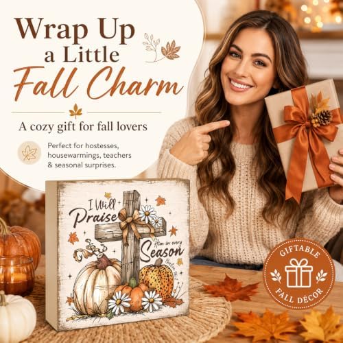 Fall Decorations for Home Christian Cross Pumpkin Wood Sign Fall Decor