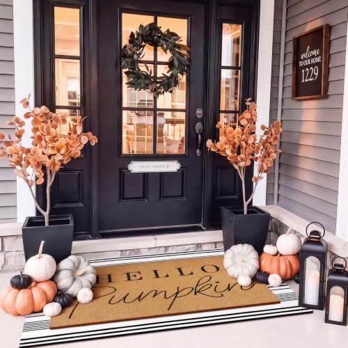 Tinideya 2 Pcs Hello Pumpkin Layered Doormat Set with Stripe Rug