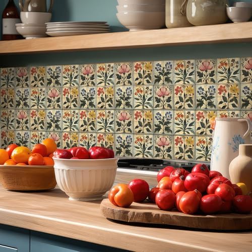 Flower Tile Stickers Watercolor Retro Rustic Floral Peel and Stick / Boho Flower / 4 x 4 / Set of 24