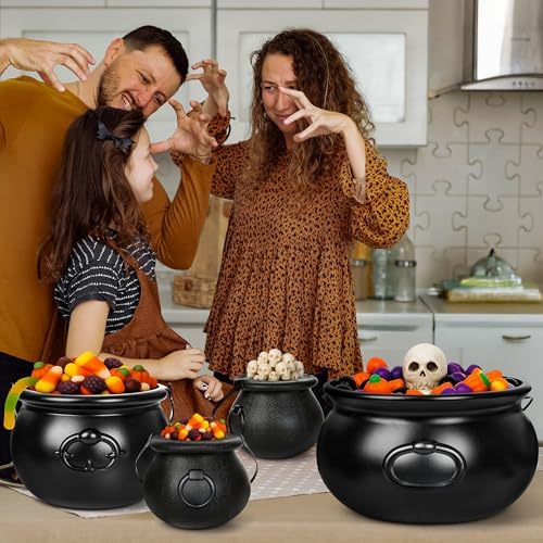 5 PCS Halloween Cauldron with Handle, Black Plastic Candy Holder Pots