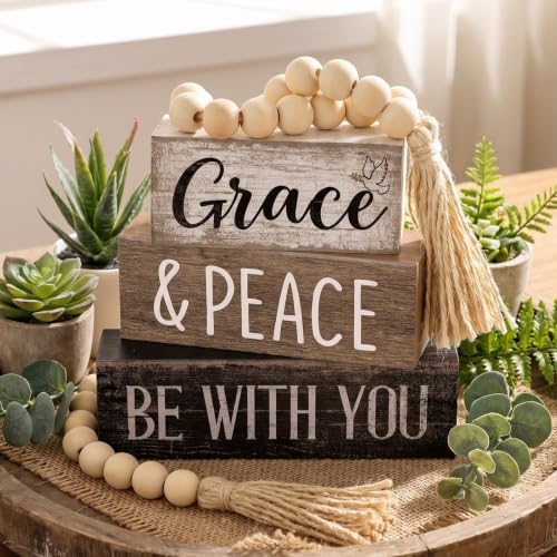 Moucuny 4 Pcs Christian Table Decoration Wooden Stack with Beaded Tassel