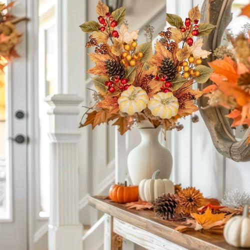Artificial Fall Branches Fake Pumpkin Maple Beech Leaves Red Berries