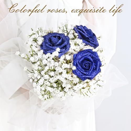 BLEUM CADE 16Pcs Artificial Flowers Glitter Roses with Stems for Wedding