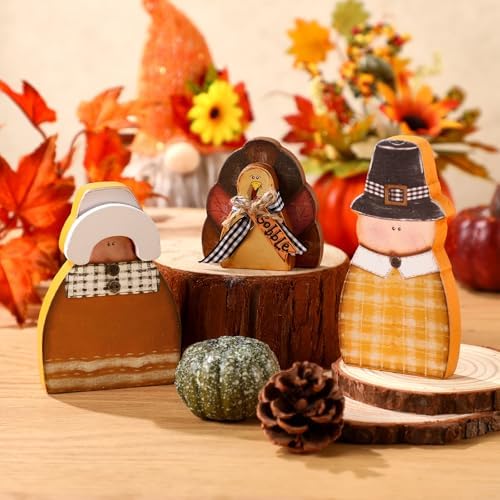 Colingmill 3 Pcs Thanksgiving Table Decor Wooden Turkey Pilgrim Couple