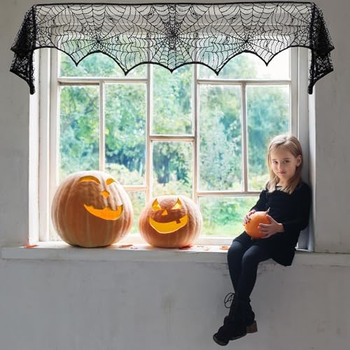 Halloween Mantel Scarf Black Lace Spiderweb for Fireplace Decor Halloween Decorations Indoor Fireplace Scarf(18 x 96 inch)(Black)
