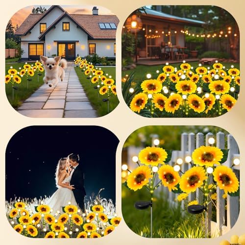 Sunflower Solar Lights Outdoor, 4 Pack Sunflowers with Firefly Lights, Waterproof Solar Flower Lights with 1000mAh Battery for Patio Porch Lawn, Gifts for Mom Women Grandma, Yard Decorations Outdoor