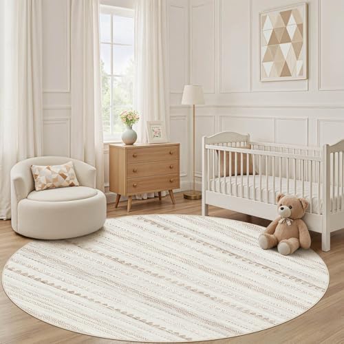 Nakagishi Round Rug Boho Area Rugs: 4x4 Washable Large Circle Neutral Soft Stain Resistant Non-Slip Carpet for Women